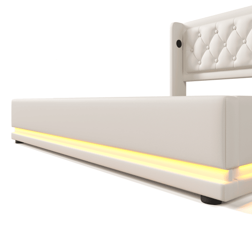 Cama estofada 140*200 cm - Cama hidráulica com arrumação, cabeceira acolchoada com função de carregamento USB Tipo-C, função LED em 3 lados - Branco