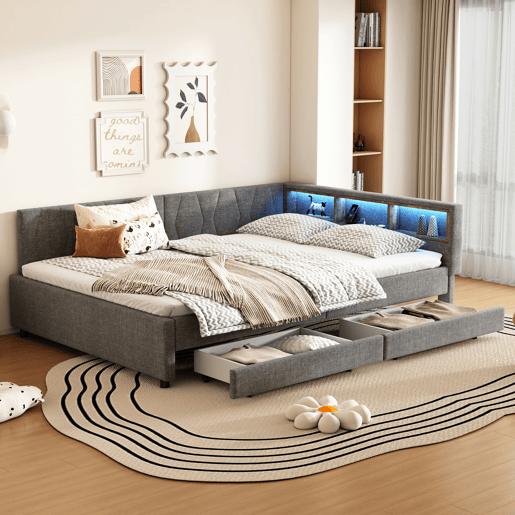 Cama de 140x200 cm - Cama convertÃvel, armazenamento com 2 gavetas, luz LED ambiente, USB+Tipo C, com estrado - Cinza Cama de 140x200 cm - Cama convertÃvel, armazenamento com 2 gavetas, luz LED ambiente, USB+Tipo C, com estrado - Cinza