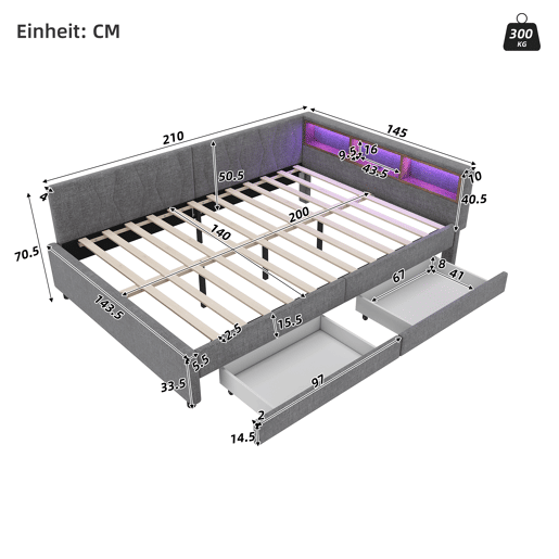 Cama de 140x200 cm - Cama convertÃvel, armazenamento com 2 gavetas, luz LED ambiente, USB+Tipo C, com estrado - Cinza Cama de 140x200 cm - Cama convertÃvel, armazenamento com 2 gavetas, luz LED ambiente, USB+Tipo C, com estrado - Cinza