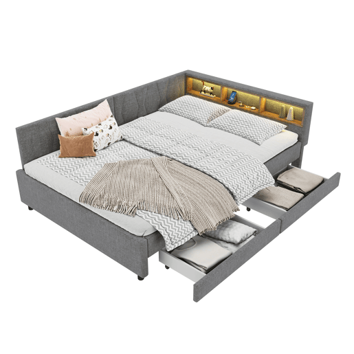 Cama de 140x200 cm - Cama convertÃvel, armazenamento com 2 gavetas, luz LED ambiente, USB+Tipo C, com estrado - Cinza Cama de 140x200 cm - Cama convertÃvel, armazenamento com 2 gavetas, luz LED ambiente, USB+Tipo C, com estrado - Cinza
