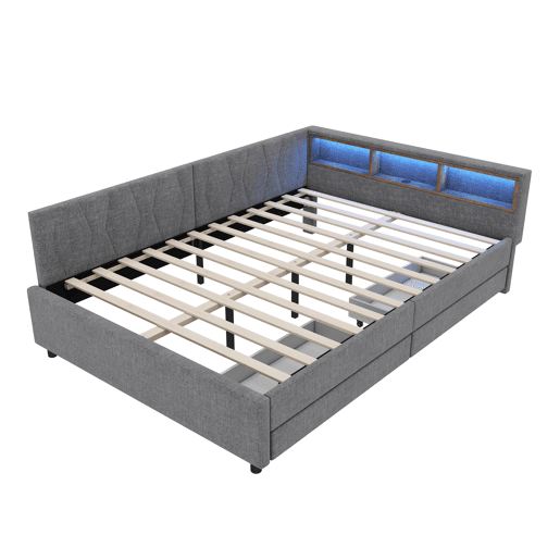 Cama de 140x200 cm - Cama convertÃvel, armazenamento com 2 gavetas, luz LED ambiente, USB+Tipo C, com estrado - Cinza Cama de 140x200 cm - Cama convertÃvel, armazenamento com 2 gavetas, luz LED ambiente, USB+Tipo C, com estrado - Cinza