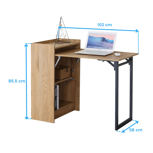 Mesa de escritório dobrável com prateleiras em carvalho cambriano e preto com 2 prateleiras 102x85,5x58 cm