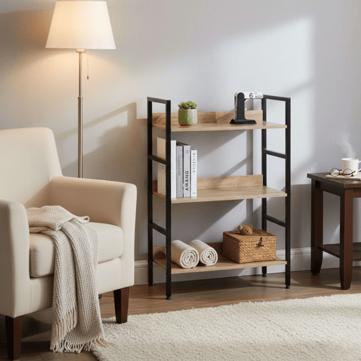 Estante baixa para sala de estar em carvalho cambriano e preto com 3 prateleiras em melamina e metal 60x93x28 cm