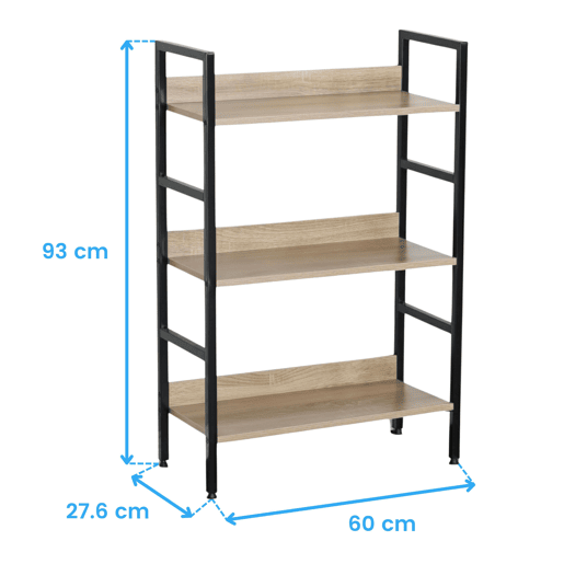 Estante baixa para sala de estar em carvalho cambriano e preto com 3 prateleiras em melamina e metal 60x93x28 cm