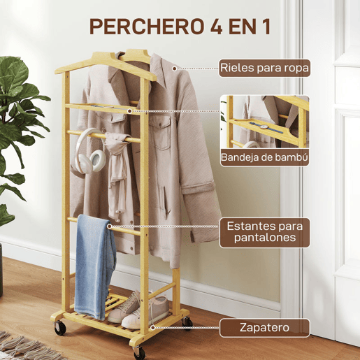 HOMCOM Cabide de Pé de Bambu Cabide com Rodas Suportes para Roupas Barras para Calças Bandeja e Sapateira Cabide para Roupas Corredor 47x33,7x105,5 cm Madeira