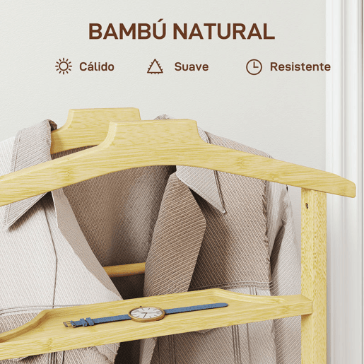 HOMCOM Cabide de Pé de Bambu Cabide com Rodas Suportes para Roupas Barras para Calças Bandeja e Sapateira Cabide para Roupas Corredor 47x33,7x105,5 cm Madeira
