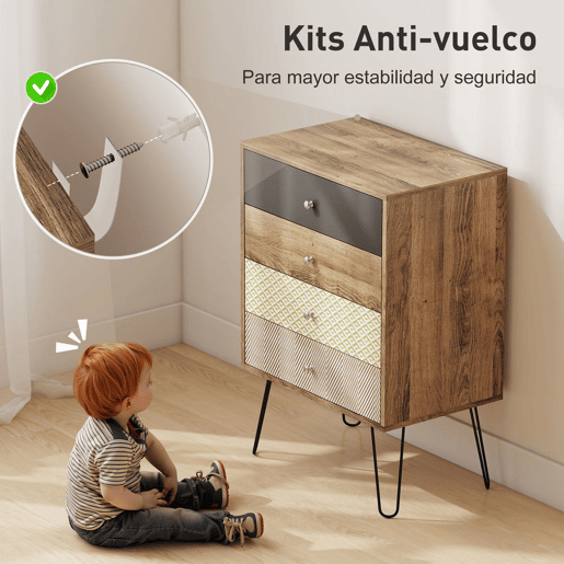 HOMCOM Cómoda 4 Gavetas Cómoda para Quarto com Pés em Forma de V de Aço Cómoda para Sala de Estar Escritório Estilo Boémio 60x39x86 cm Multicor