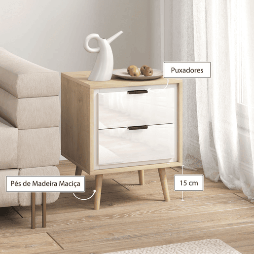 HOMCOM Conjunto de 2 Mesas de Cabeceira Modernas com 2 Gavetas de Deslizamento Silencioso Pés de Madeira para Quarto Sala de Estar 40x35x50 cm Branco Brilhante e Carvalho HOMCOM Conjunto de 2 Mesas de Cabeceira Modernas com 2 Gavetas de Deslizamento Silencioso Pés de Madeira para Quarto Sala de Estar 40x35x50 cm Branco Brilhante e Carvalho