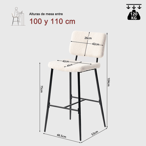 Conjunto De 6 Bancos Altos De Bar Estofados Em Tecido Bouclé Com Pés Metálicos Pretos Com Pintura A Pó E Estrutura KD, Design Moderno E Elegante Ideal Para Bancada De Cozinha, Sala De Jantar Ou Ilha Central, Assento Ergonômico De 75 CM De Altura
