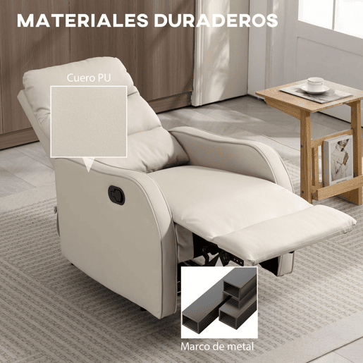 HOMCOM Poltrona Relax Reclinável Manual, Poltrona Estofada em PU com Apoio de Pés Retrátil, Almofadada, Reclinável até 160º, para Sala, Quarto, Creme, 65x89x100 cm