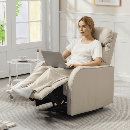 HOMCOM Poltrona Relax Reclinável Manual, Poltrona Estofada em PU com Apoio de Pés Retrátil, Almofadada, Reclinável até 160º, para Sala, Quarto, Creme, 65x89x100 cm