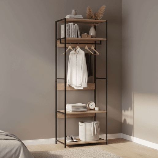 Lofi Bedroom Closet Aberto com 3 Prateleiras e Cabide em Carvalho Cambriano e Preto 60x175x40 cm