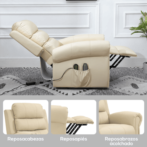 HOMCOM Poltrona Relax Reclinável Elétrica Levanta Pessoas com Massagem Vibratória e Aquecimento Poltrona Elevatória com Controlo Remoto Apoio para Pés Estofada em PU Bolsos Laterais 98x96x105 cm Creme