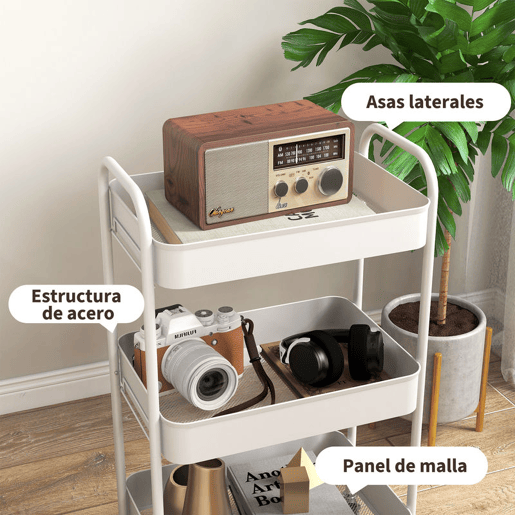 HOMCOM Carrinho Auxiliar de 3 Níveis com Rodas Carrinho de Armazenamento Deslizante com 3 Prateleiras 4 Rodas e 2 Travões para Cozinha Sala 45x30,6x79 cm Branco
