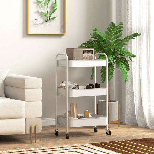 HOMCOM Carrinho Auxiliar de 3 Níveis com Rodas Carrinho de Armazenamento Deslizante com 3 Prateleiras 4 Rodas e 2 Travões para Cozinha Sala 45x30,6x79 cm Branco