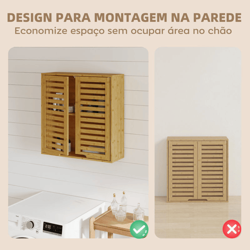 HOMCOM Armário de Parede de Bambu Móvel de Casa de Banho Suspenso com Prateleira Ajustável Portas de Ripas Armário de Armazenamento para Cozinha Lavandaria Sobre o Sanita 60x20x60 cm Madeira HOMCOM Armário de Parede de Bambu Móvel de Casa de Banho Suspenso com Prateleira Ajustável Portas de Ripas Armário de Armazenamento para Cozinha Lavandaria Sobre o Sanita 60x20x60 cm Madeira