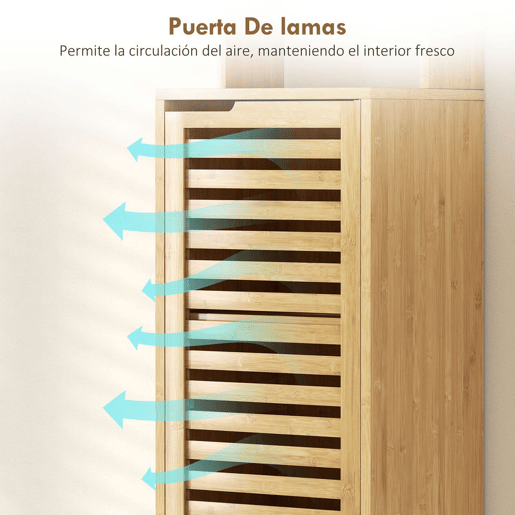 HOMCOM Coluna Casa de Banho de Bambu Armário Alto e Estreito para Casa de Banho com 3 Prateleiras Abertas Portas de Ripas Prateleiras Ajustáveis 34x30x170 cm Madeira