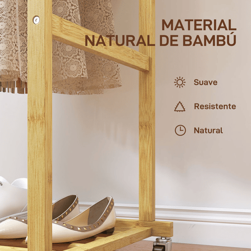 HOMCOM Charriot com Rodas de Bambu Charriot de Roupa com Sapateira 2 Barras para Pendurar para Entrada Corredor Quarto 80x40x160 cm Madeira