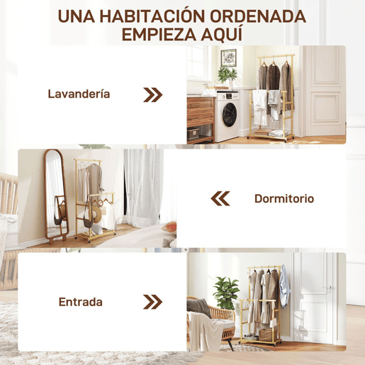 HOMCOM Charriot com Rodas de Bambu Charriot de Roupa com Sapateira 2 Barras para Pendurar para Entrada Corredor Quarto 80x40x160 cm Madeira
