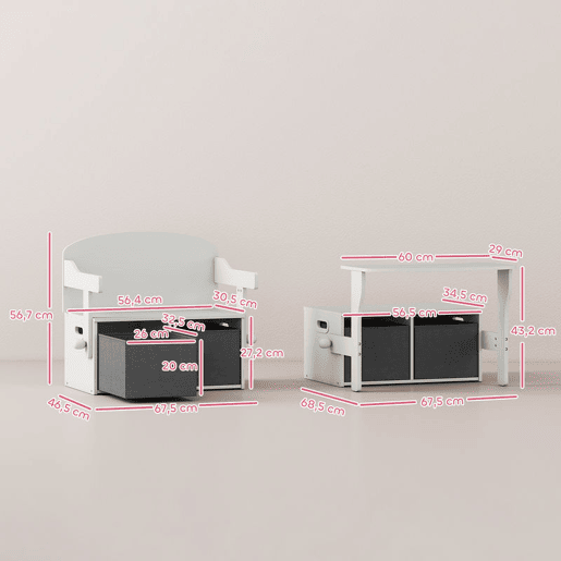 AIYAPLAY Banco para Crianças Conversível 3 em 1 Conjunto de Mesa e Cadeira Baú de Brinquedos com Cubos de Tecido Removíveis Banco de Armazenamento Móvel Multifuncional para Crianças 3-6 Anos Branco