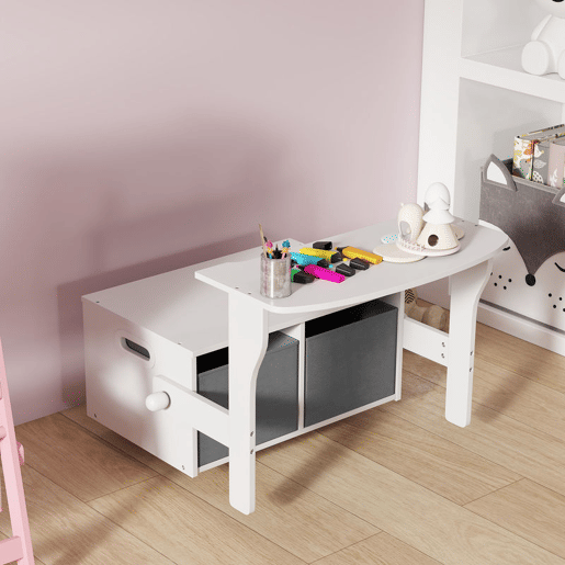AIYAPLAY Banco para Crianças Conversível 3 em 1 Conjunto de Mesa e Cadeira Baú de Brinquedos com Cubos de Tecido Removíveis Banco de Armazenamento Móvel Multifuncional para Crianças 3-6 Anos Branco