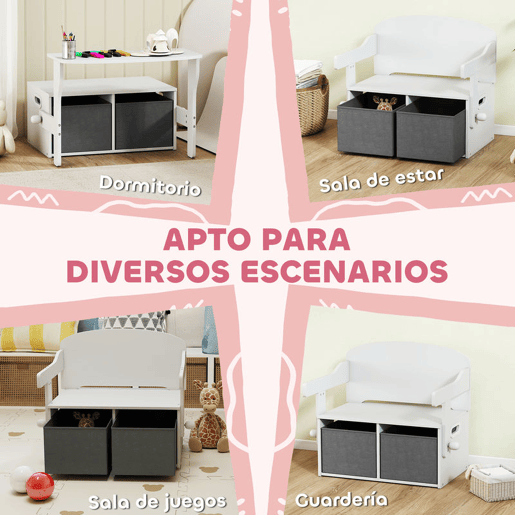 AIYAPLAY Banco para Crianças Conversível 3 em 1 Conjunto de Mesa e Cadeira Baú de Brinquedos com Cubos de Tecido Removíveis Banco de Armazenamento Móvel Multifuncional para Crianças 3-6 Anos Branco