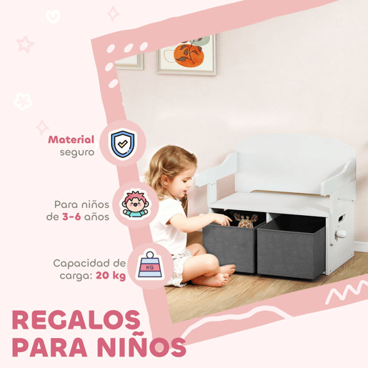AIYAPLAY Banco para Crianças Conversível 3 em 1 Conjunto de Mesa e Cadeira Baú de Brinquedos com Cubos de Tecido Removíveis Banco de Armazenamento Móvel Multifuncional para Crianças 3-6 Anos Branco