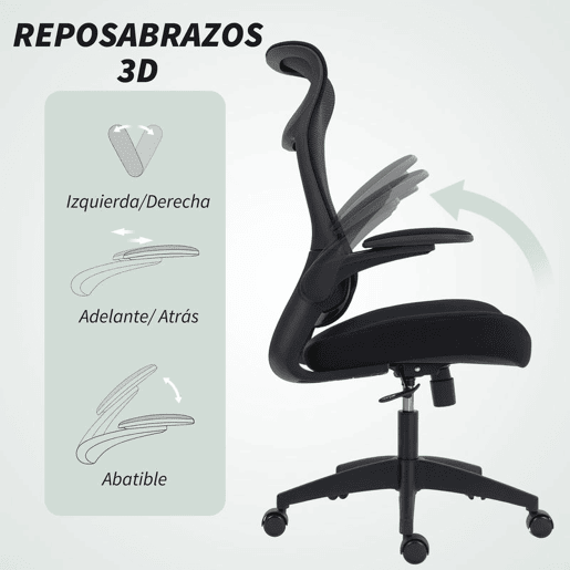 HOMCOM Cadeira de Escritório Ergonómica Cadeira de Escritório Giratória com Suporte Lombar e Apoios de Braços 3D Dobráveis Apoio de Cabeça Integrado Função de Basculante e Altura Ajustável 64x65x108-118 cm Preto