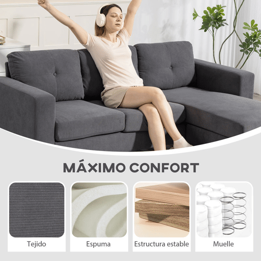 HOMCOM Sofá Chaise Longue Reversível Sofá de Canto em Forma de L de 3 Lugares Estofado em Veludo Cotelê Estrutura de Aço para Espaços Reduzidos Sala 192x137x84 cm Cinzento Escuro