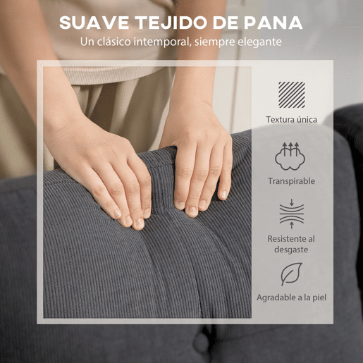 HOMCOM Sofá Chaise Longue Reversível Sofá de Canto em Forma de L de 3 Lugares Estofado em Veludo Cotelê Estrutura de Aço para Espaços Reduzidos Sala 192x137x84 cm Cinzento Escuro
