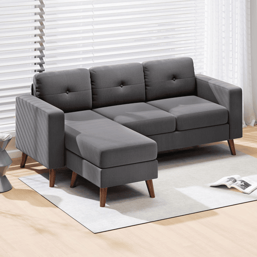 HOMCOM Sofá Chaise Longue Reversível Sofá de Canto em Forma de L de 3 Lugares Estofado em Veludo Cotelê Estrutura de Aço para Espaços Reduzidos Sala 192x137x84 cm Cinzento Escuro