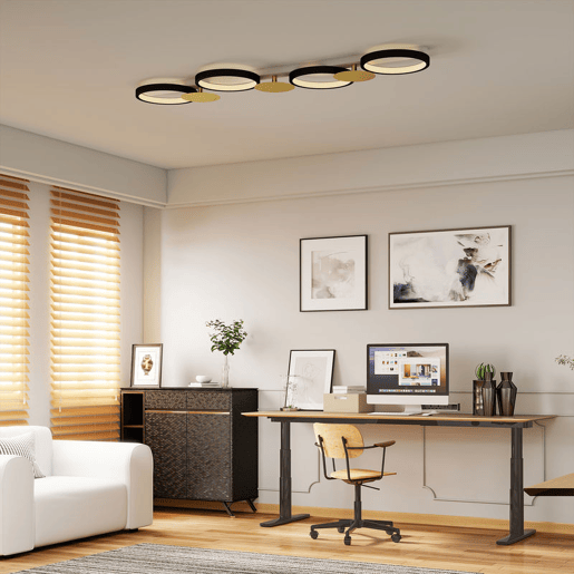 HOMCOM Candeeiro de Teto Regulável com 4 Focos Candeeiro LED de Teto com Controlo Remoto Modos de Cena 1500 lm 38 W, 3000 K-6500 K para Sala de Estar Quarto Escritório 100x31x7 cm Preto e Dourado