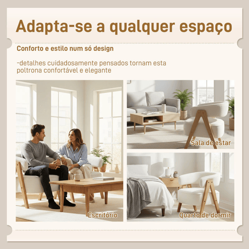 HOMCOM Poltrona de Sala de Estar Estofada em Borreguito Poltrona de Leitura Almofadada e Moderna Assento Largo Pés de Madeira e Encosto Curvo para Quarto Escritório 70x64x71 cm Branco
