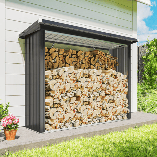 Outsunny Abrigo para Lenha de Aço Galvanizado Abrigo para Lenha de Exterior Armazenamento de Troncos com Base Elevada e Teto Inclinado 213x66,5x150 cm Cinzento Escuro