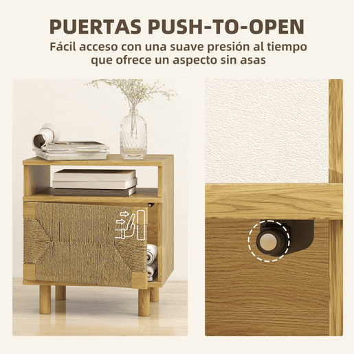 HOMCOM Mesa de Cabeceira Estilo Boémio com Porta de Corda de Papel Prateleira Aberta Pés de Madeira e Abertura por Pressão Mesa Auxiliar para Quarto Sala 45x39x50 cm Carvalho