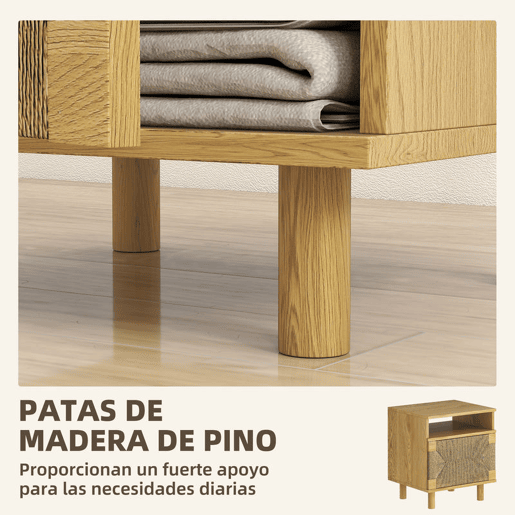 HOMCOM Mesa de Cabeceira Estilo Boémio com Porta de Corda de Papel Prateleira Aberta Pés de Madeira e Abertura por Pressão Mesa Auxiliar para Quarto Sala 45x39x50 cm Carvalho