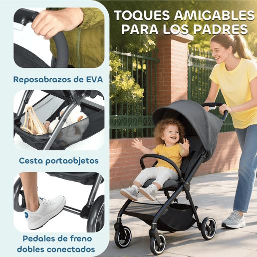 AIYAPLAY Carrinho de Bebé Dobrável com Encosto Reclinável Apoio para os Pés Ajustável Capota Cesto e Arnês de 5 Pontos Carga Máxima 15 kg 80x46x106 cm Cinza Escuro