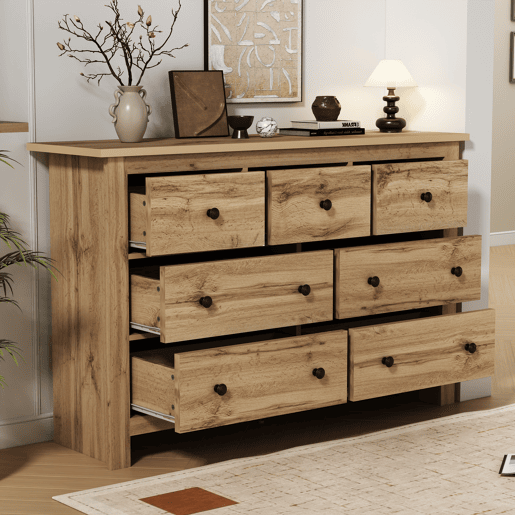 Cômoda dupla de painel de partículas com 7 gavetas,natural