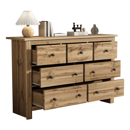 Cômoda dupla de painel de partículas com 7 gavetas,natural