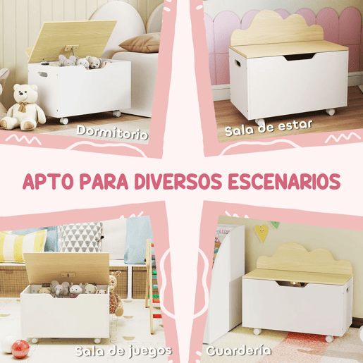 AIYAPLAY Baú de Brinquedos com Rodas Baú Infantil com Tampa Abatível e Dobradiça de Segurança Design de Nuvem para Quarto Sala de Jogos Creche 59x30x53 cm Branco e Madeira