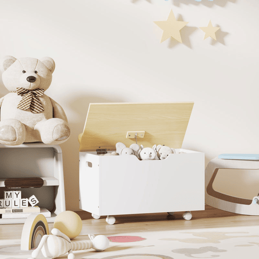 AIYAPLAY Baú de Brinquedos com Rodas Baú Infantil com Tampa Abatível e Dobradiça de Segurança Design de Nuvem para Quarto Sala de Jogos Creche 59x30x53 cm Branco e Madeira