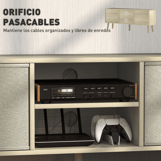 HOMCOM Móvel de TV para Televisores de até 50 Polegadas Móvel de Sala de Estar Moderno com 2 Gavetas de Tecido 2 Prateleiras Abertas e Orifício Passa Cabos 110x29x46,5 cm Madeira Clara e Bege
