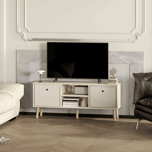 HOMCOM Móvel de TV para Televisores de até 50 Polegadas Móvel de Sala de Estar Moderno com 2 Gavetas de Tecido 2 Prateleiras Abertas e Orifício Passa Cabos 110x29x46,5 cm Madeira Clara e Bege