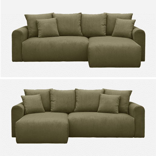 Sofá de canto conversível veludo canelado de 3 lugares, Almo, Verde caqui, 240x147x85 cm Sofá de canto conversível veludo canelado de 3 lugares, Almo, Verde caqui, 240x147x85 cm