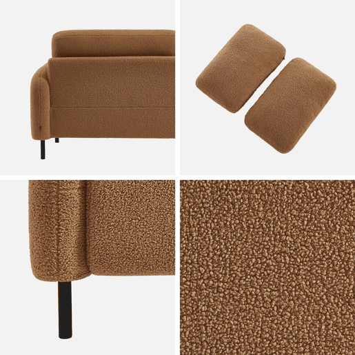 Sofá boucle e base de metal, 3 lugares, Teddy, Bege escuro, 208x84x87 cm