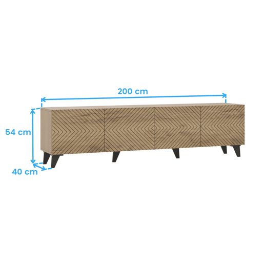 Móvel para TV Josi 200cm para Sala de EstarJantar com 4 Portas de Abrir, Acabamento em Melamina Carvalho Artesanal e Preto