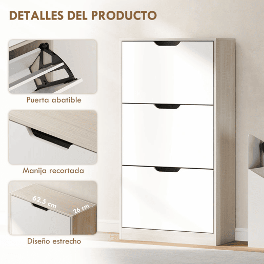 HOMCOM Sapateira de Madeira com 3 Compartimentos Abatíveis e Prateleiras de Armazenamento com Capacidade para 12 Pares de Sapatos para Entrada Corredor Dormitório 62,5x26x117,5 cm Branco e Madeira