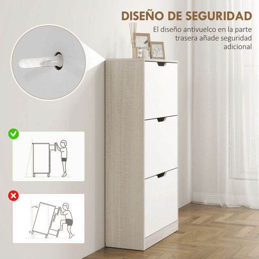 HOMCOM Sapateira de Madeira com 3 Compartimentos Abatíveis e Prateleiras de Armazenamento com Capacidade para 12 Pares de Sapatos para Entrada Corredor Dormitório 62,5x26x117,5 cm Branco e Madeira