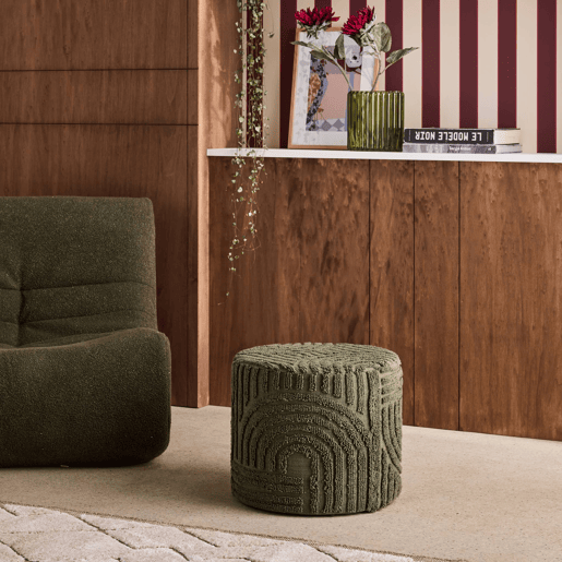 Pufe redondo boucle tufado, Nuba, Verde caqui, 43x43x37 cm