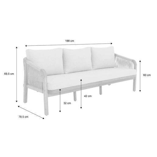Sofá de exterior em madeira de acácia, cordas e tecido, 3 lugares, Parana, Beige, 188x78.5x68.5 cm Sofá de exterior em madeira de acácia, cordas e tecido, 3 lugares, Parana, Beige, 188x78.5x68.5 cm